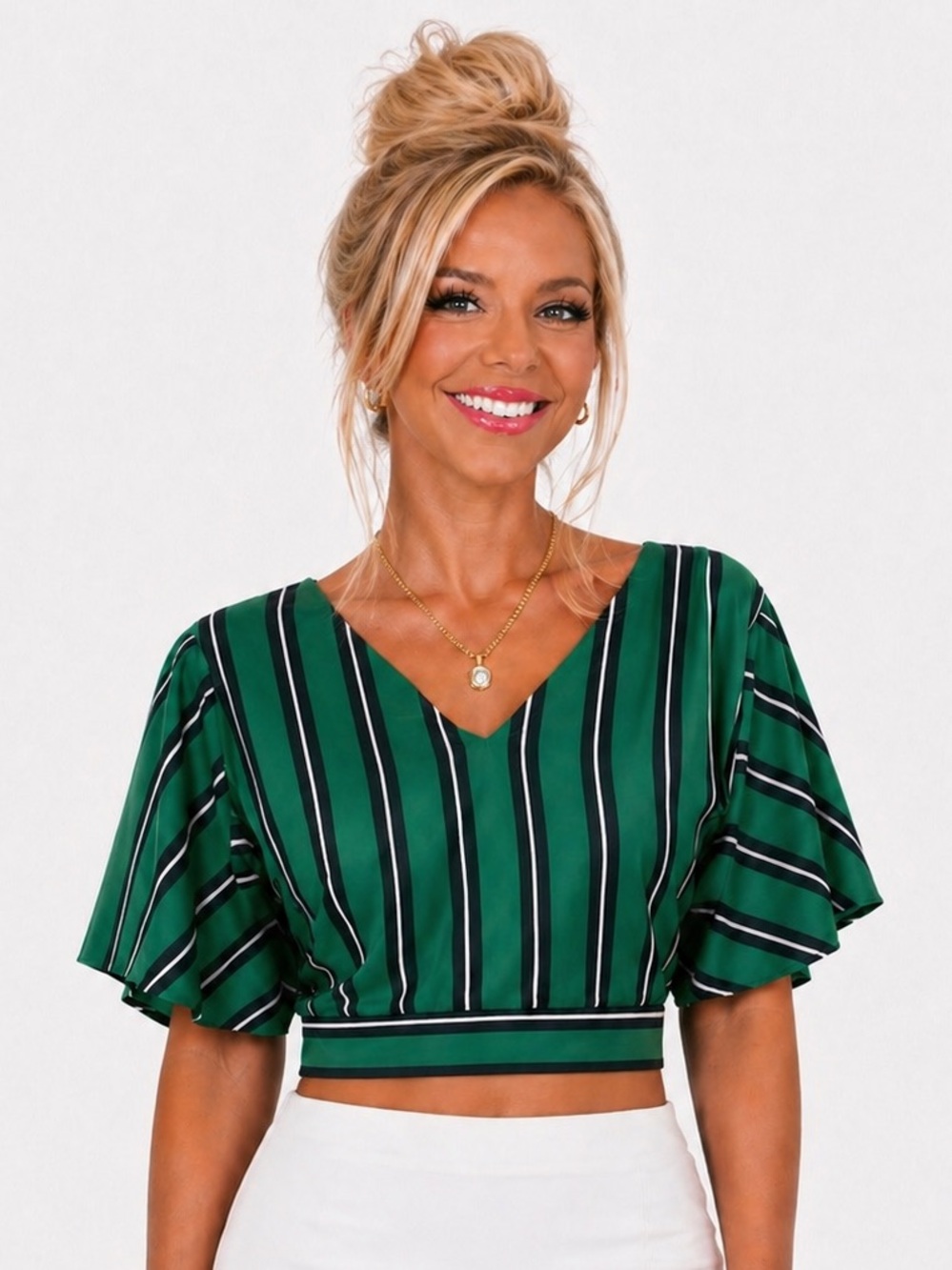 🌿 Japna Green + Navy Striped Tie-Back Blouse | SIZE LARGE | Flowy + Chic